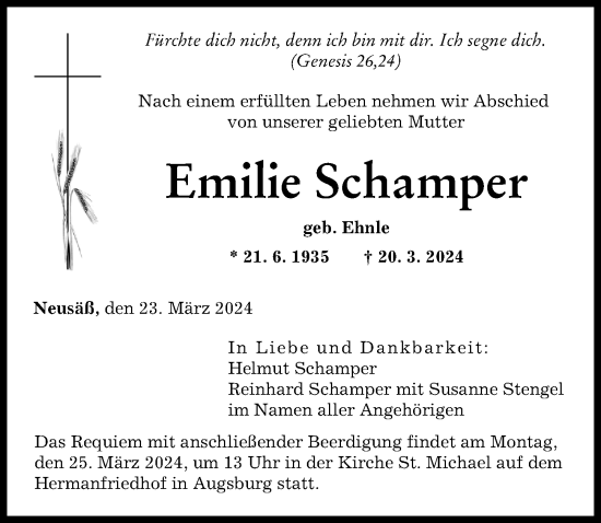 Traueranzeige von Emilie Schamper von Augsburger Allgemeine