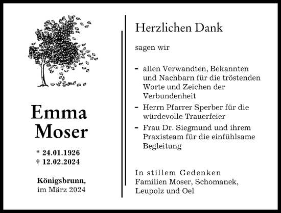 Traueranzeige von Emma Moser von Schwabmünchner Allgemeine