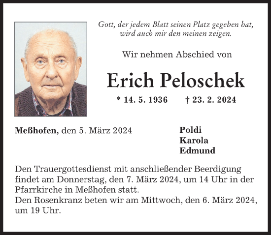 Traueranzeige von Erich Peloschek von Neu-Ulmer Zeitung
