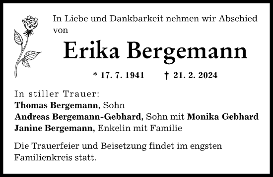 Traueranzeige von Erika Bergemann von Friedberger Allgemeine