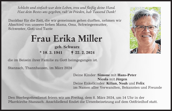 Traueranzeige von Erika Miller von Mittelschwäbische Nachrichten