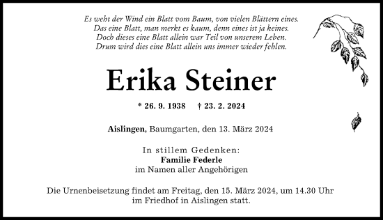 Traueranzeige von Erika Steiner von Donau Zeitung