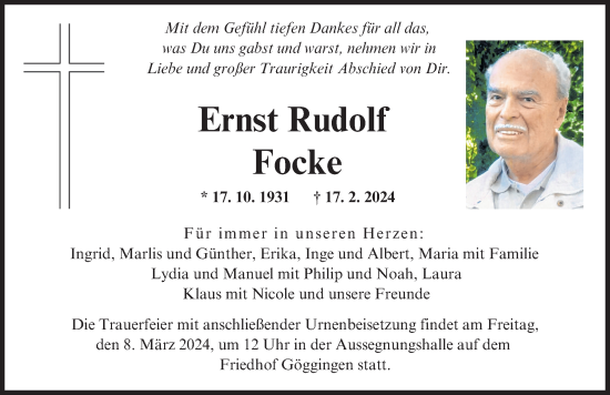Traueranzeige von Ernst Rudolf Focke von Augsburger Allgemeine