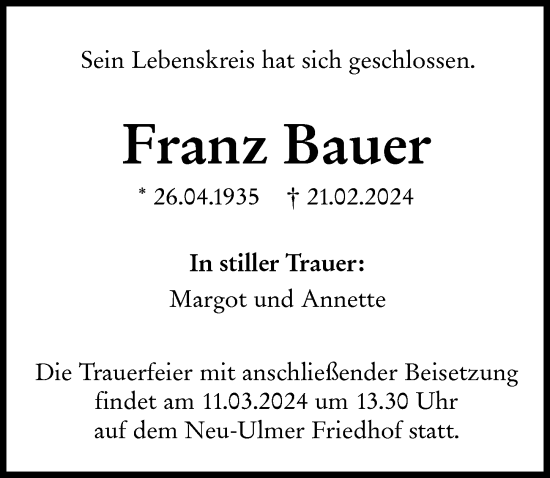 Traueranzeige von Franz Bauer von Augsburger Allgemeine, Neu-Ulmer Zeitung