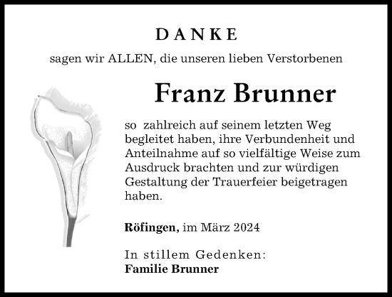 Traueranzeige von Franz Brunner von Günzburger Zeitung