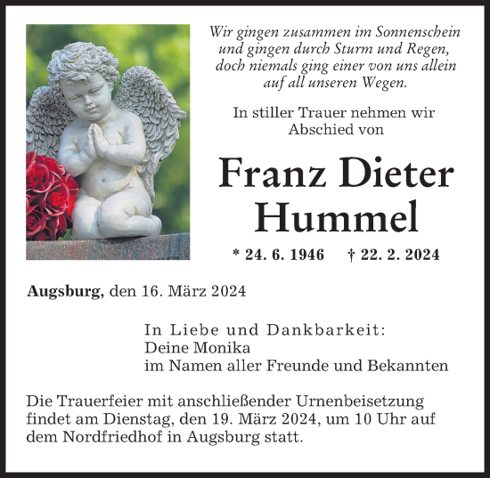 Traueranzeige von Franz Dieter Hummel von Augsburger Allgemeine