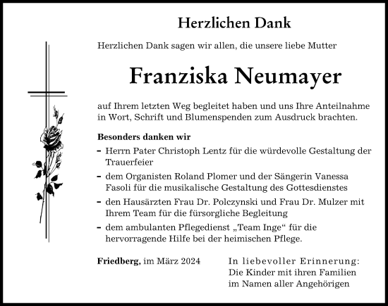 Traueranzeige von Franziska Neumayer von Friedberger Allgemeine