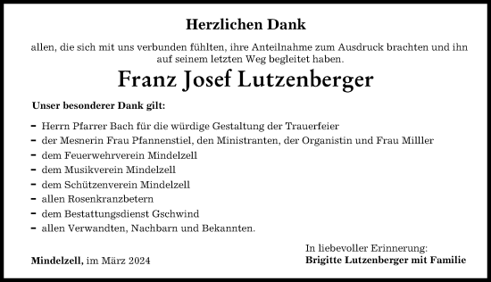 Traueranzeige von Franz Josef Lutzenberger von Mittelschwäbische Nachrichten
