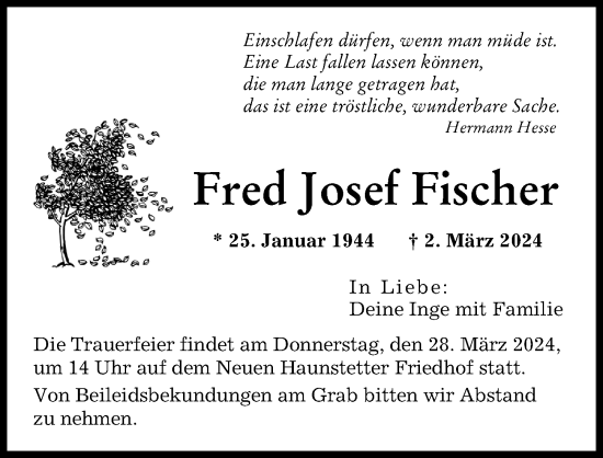 Traueranzeige von Fred Josef Fischer von Augsburger Allgemeine