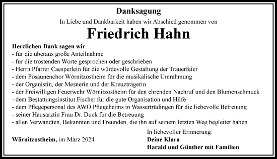 Traueranzeige von Friedrich Hahn von Rieser Nachrichten