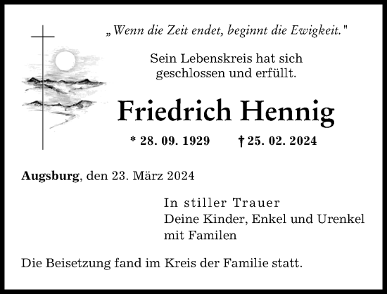 Traueranzeige von Friedrich Hennig von Augsburger Allgemeine