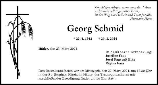 Traueranzeige von Georg Schmid von Augsburg-Land