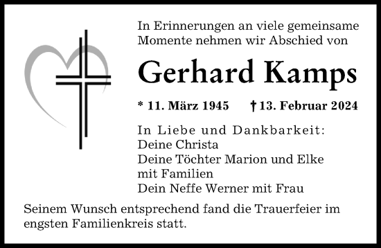 Traueranzeige von Gerhard Kamps von Augsburger Allgemeine