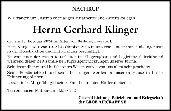 Traueranzeige von Gerhard Klinger von Mindelheimer Zeitung
