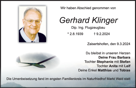 Traueranzeige von Gerhard Klinger von Mindelheimer Zeitung