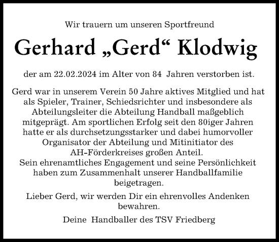 Traueranzeige von Gerhard Klodwig von Friedberger Allgemeine