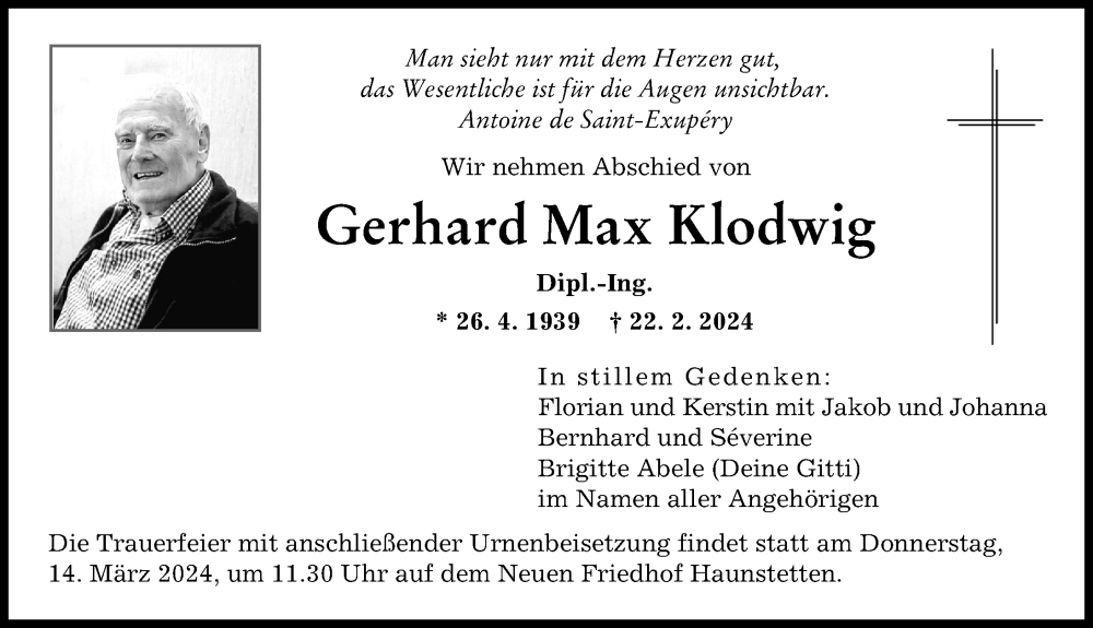  Traueranzeige für Gerhard Max Klodwig vom 09.03.2024 aus Augsburger Allgemeine