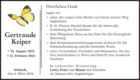 Traueranzeige von Gertraude Keiper von Aichacher Nachrichten