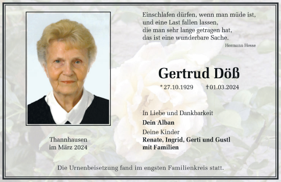 Traueranzeige von Gertrud Döß von Mittelschwäbische Nachrichten