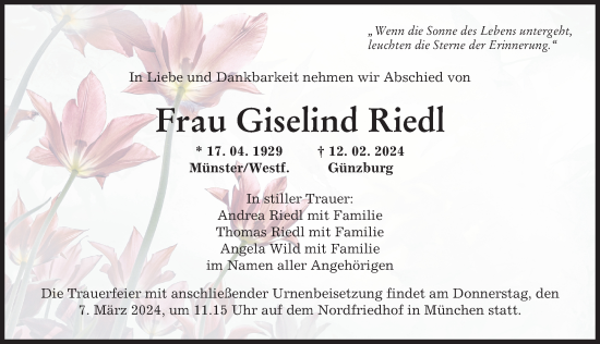 Traueranzeige von Giselind Riedl von Günzburger Zeitung