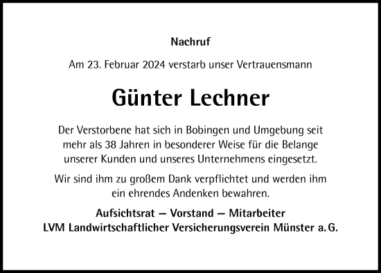 Traueranzeige von Günter Lechner von Augsburger Allgemeine