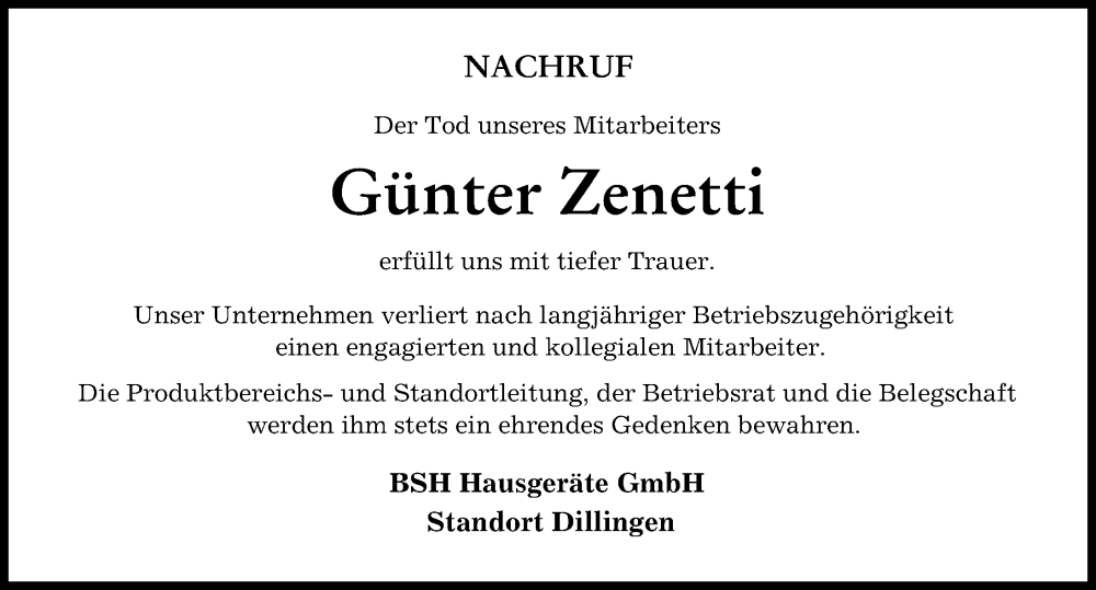  Traueranzeige für Günter Zenetti vom 08.03.2024 aus Donau Zeitung