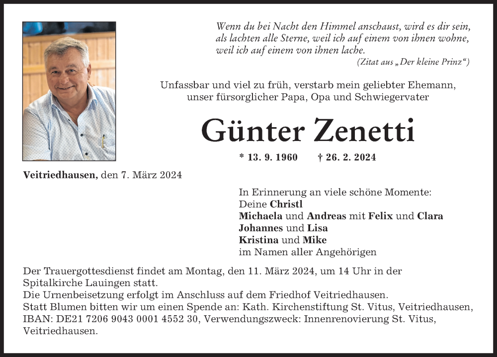  Traueranzeige für Günter Zenetti vom 07.03.2024 aus Donau Zeitung