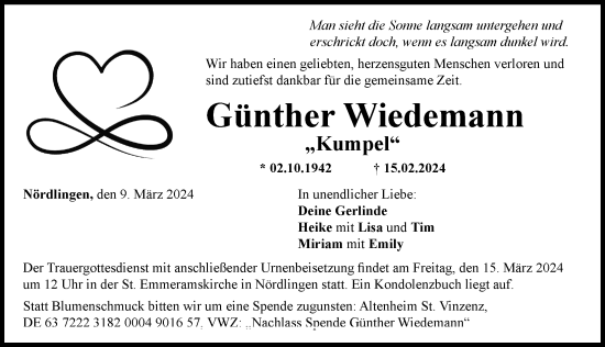 Traueranzeige von Günther Wiedemann von Rieser Nachrichten