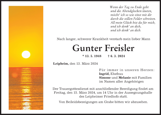 Traueranzeige von Gunter Freisler von Günzburger Zeitung