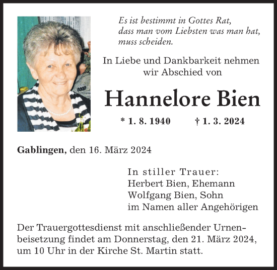 Traueranzeige von Hannelore Bien von Augsburger Allgemeine