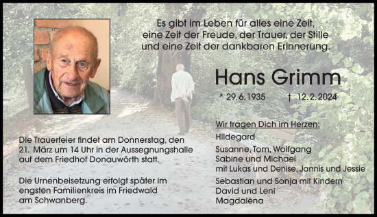Traueranzeige von Hans Grimm von Donauwörther Zeitung