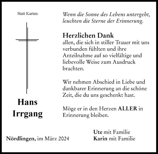 Traueranzeige von Hans Irrgang von Rieser Nachrichten