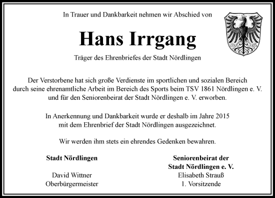 Traueranzeige von Hans Irrgang von Rieser Nachrichten