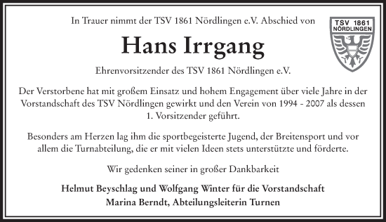 Traueranzeige von Hans Irrgang von Rieser Nachrichten
