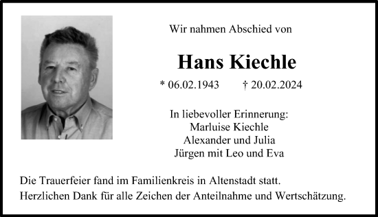 Traueranzeige von Hans Kiechle von Illertisser Zeitung