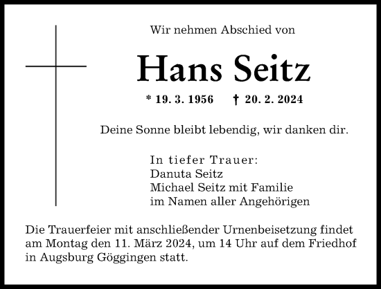 Traueranzeige von Hans Seitz von Augsburger Allgemeine
