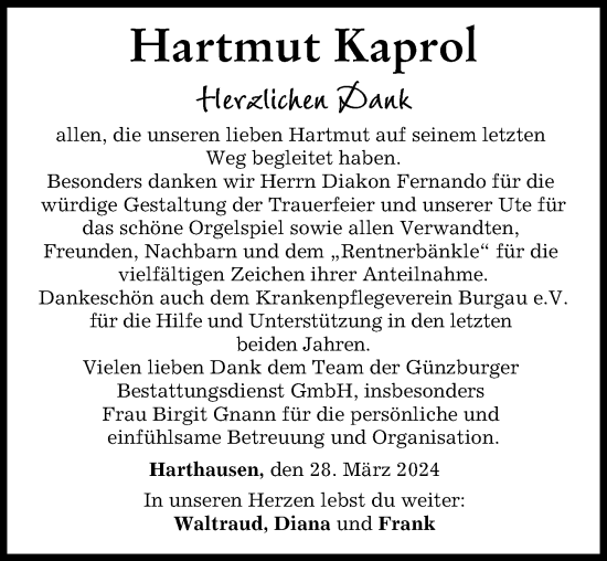 Traueranzeige von Hartmut Kaprol von Günzburger Zeitung