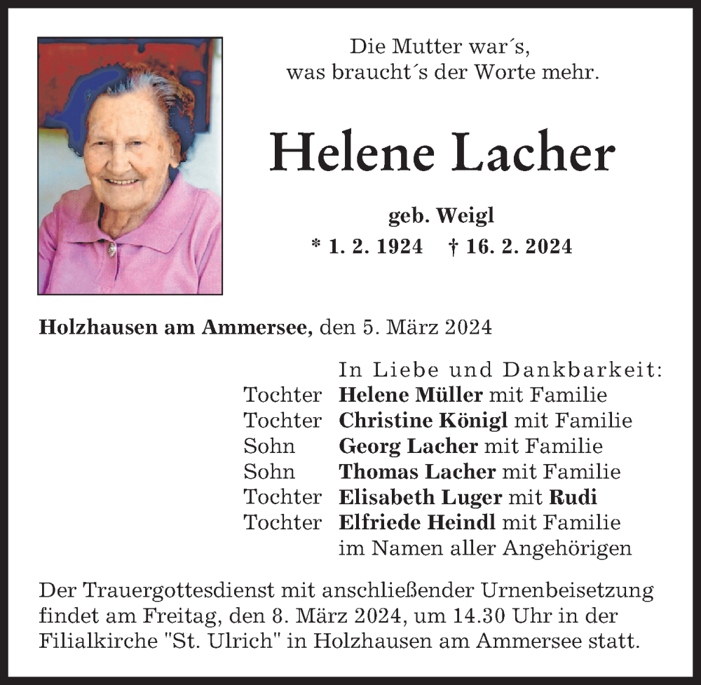  Traueranzeige für Helene Lacher vom 05.03.2024 aus Landsberger Tagblatt
