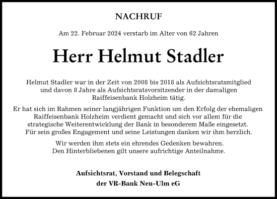 Traueranzeige von Helmut Stadler von Neu-Ulmer Zeitung