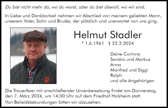 Traueranzeige von Helmut Stadler von Neu-Ulmer Zeitung