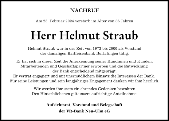 Traueranzeige von Helmut Straub von Neu-Ulmer Zeitung