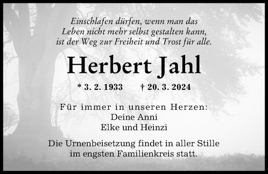 Traueranzeige von Herbert Jahl von Augsburger Allgemeine