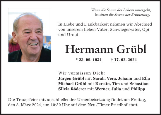 Traueranzeige von Hermann Grübl von Neu-Ulmer Zeitung