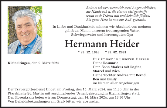 Traueranzeige von Hermann Heider von Schwabmünchner Allgemeine