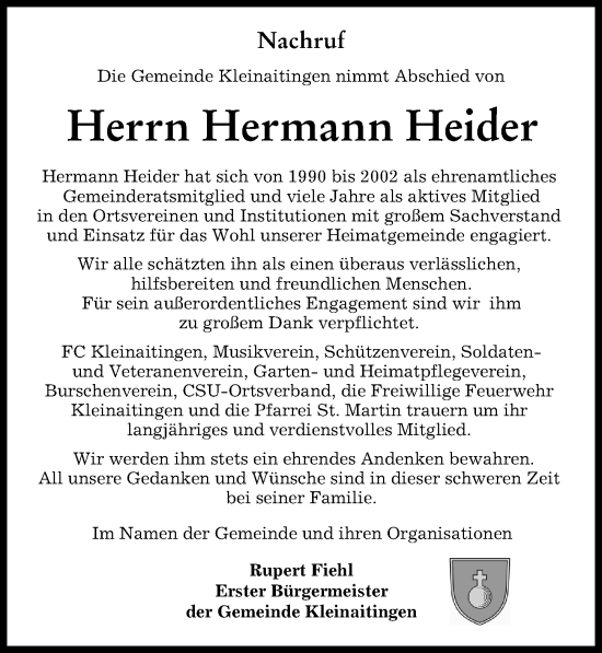 Traueranzeige von Hermann Heider von Schwabmünchner Allgemeine