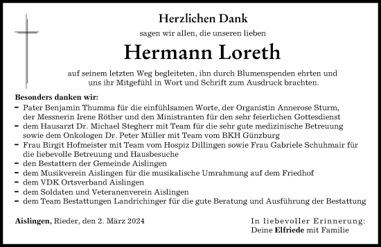 Traueranzeige von Hermann Loreth von Donau Zeitung