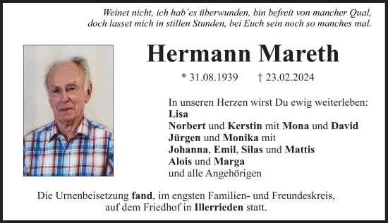 Traueranzeige von Hermann Mareth von Illertisser Zeitung