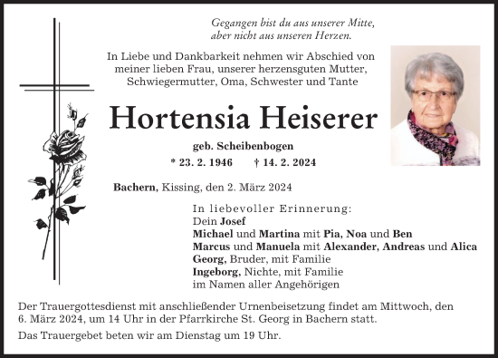 Traueranzeige von Hortensia Heiserer von Friedberger Allgemeine