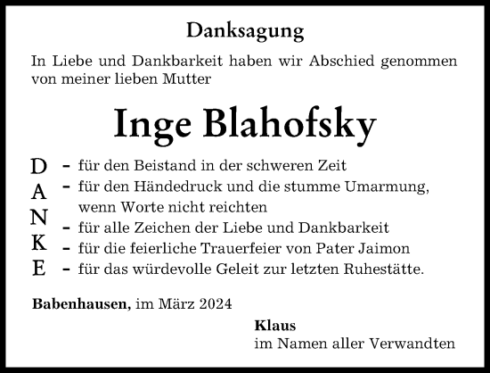 Traueranzeige von Inge Blahofsky von Illertisser Zeitung