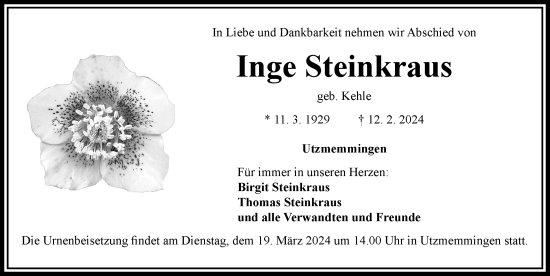 Traueranzeige von Inge Steinkraus von Rieser Nachrichten